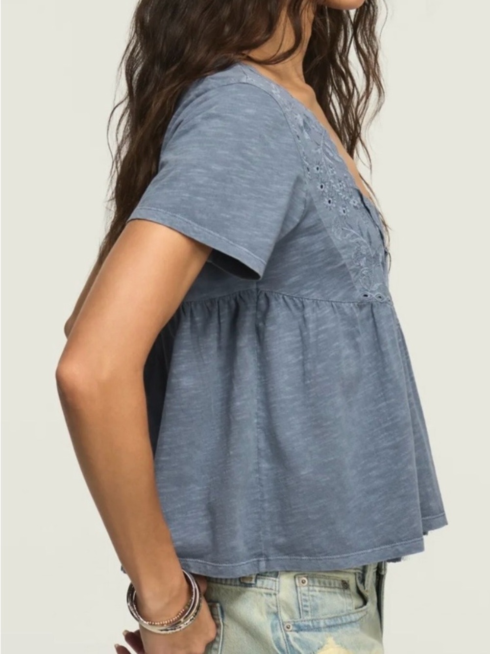 Lucky Brand Embroidered Yoke Tassle Top Grisaille Blue Size S - Picture 4 of 7